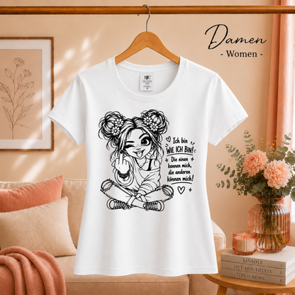 Damen Weiß – T-Shirt mit frechem Mädchen & Spruch 'Die anderen können mich!' – Statement-Design mit Mittelfinger