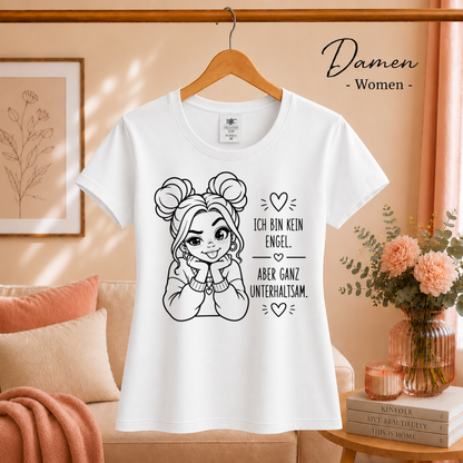 Damen Weiß – T-Shirt mit frechem Spruch 'Ich bin kein Engel, aber ganz unterhaltsam' und Comic-Mädchen Design