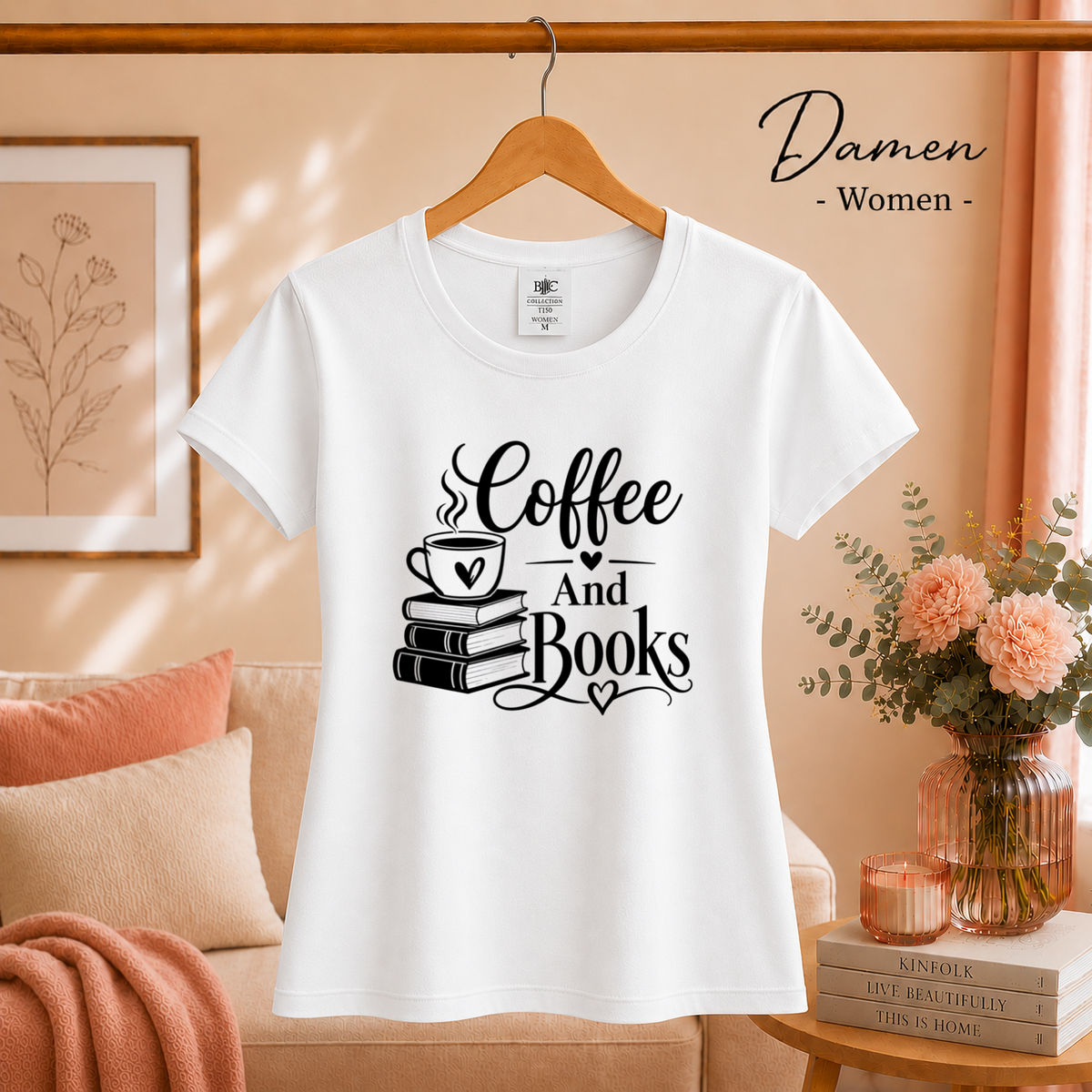 Damen Weiß – T-Shirt mit 'Coffee And Books' Spruch | Design für Leseratten und Kaffeeliebhaber