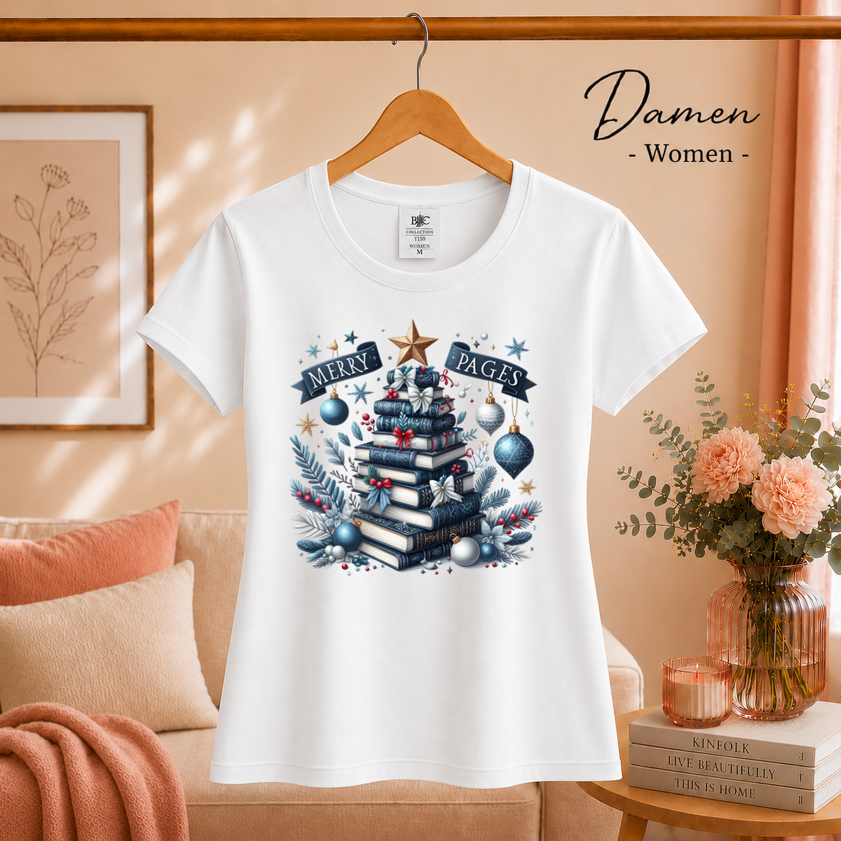 Damen Weiß – T-Shirt mit Bücher-Weihnachtsbaum Motiv & Spruch 'Merry Pages' für Leseratten