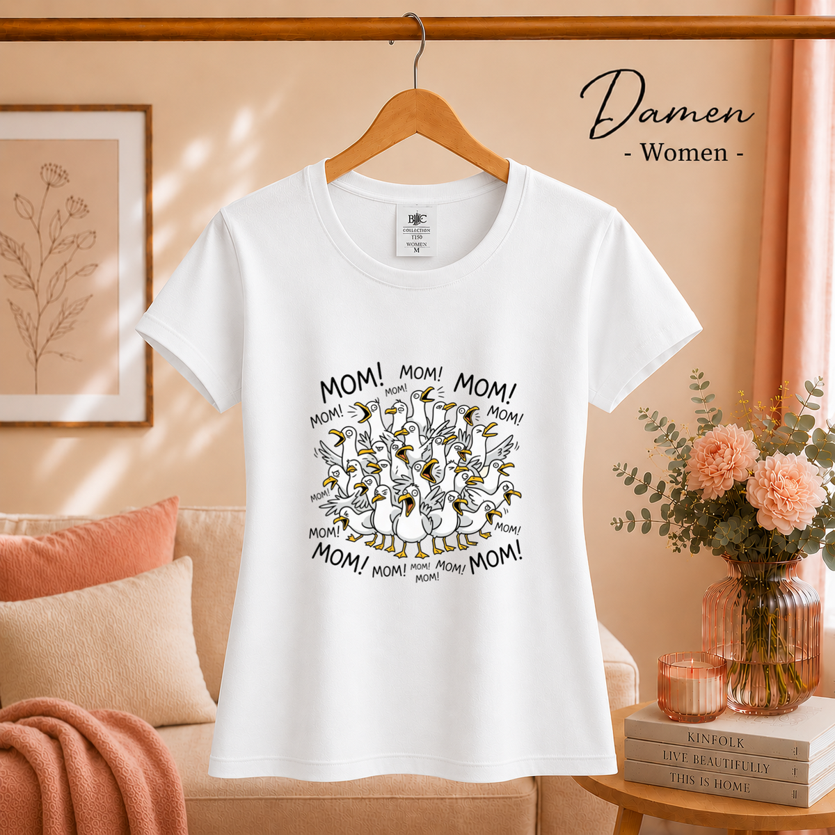 Damen Weiß – T-Shirt mit schreienden Möwen 'Mom! Mom! Mom!' - Lustiges Comic-Design