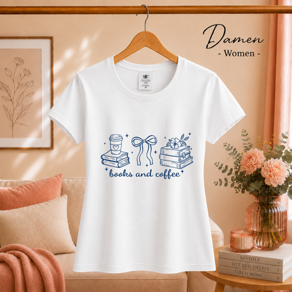 Damen Weiß – Bücher & Kaffee Liebhaber Design T-Shirt | Charmantes Motiv für Lesefreunde