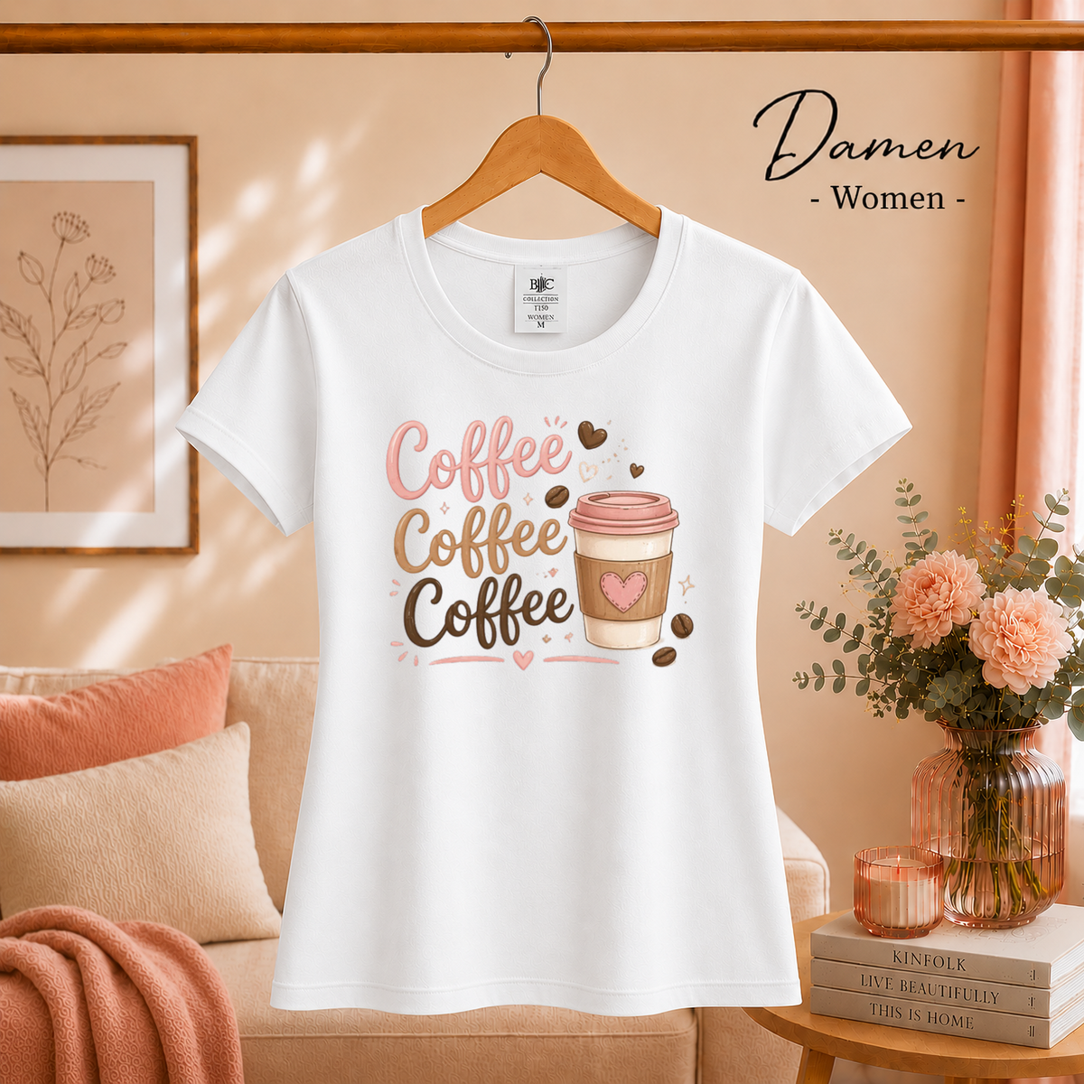Damen Weiß – Coffee Coffee Coffee T-Shirt | Design mit süßem Kaffeebecher und Herz