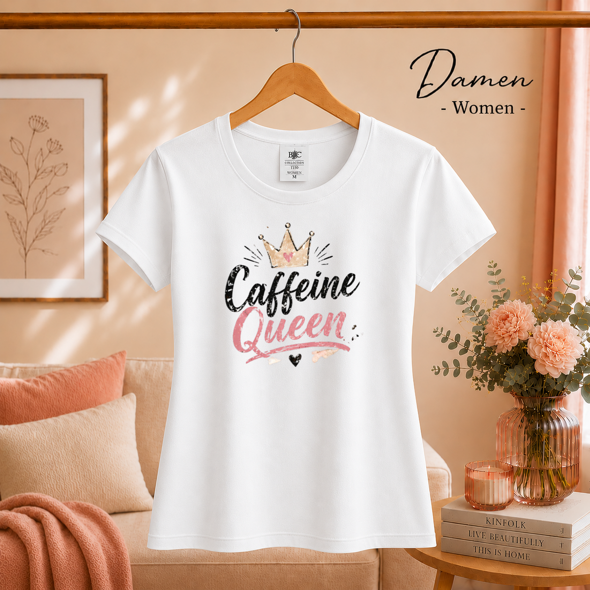Damen Weiß – Statement T-Shirt mit 'Caffeine Queen' Schriftzug und funkelnder Krone