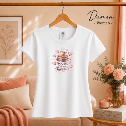 Damen Weiß – T-Shirt 'Books are my Favorite' | Romantisches Bücherwurm-Design mit Kaffee & Herzen