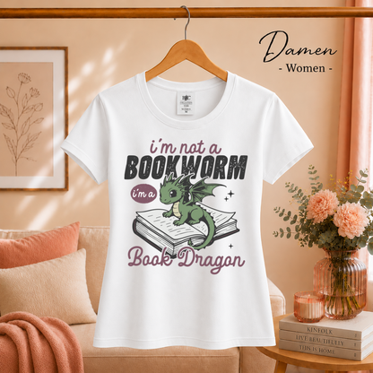 Damen Weiß – Buch Drache T-Shirt – Niedlicher Drache auf Buch mit tollem Spruch