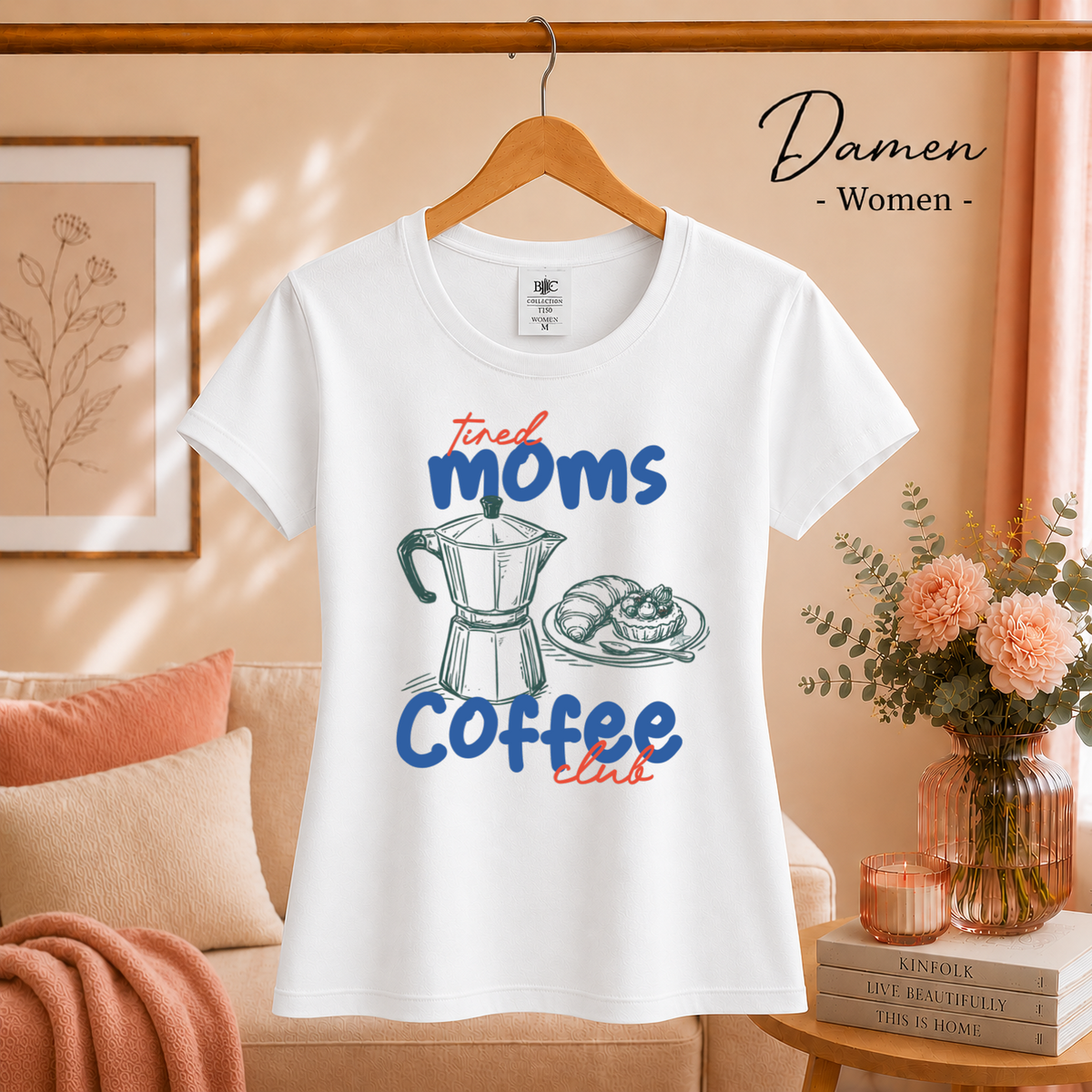 Damen Weiß – Statement-Shirt "Tired Moms Coffee Club" mit Kaffeekannen-Motiv und Croissant