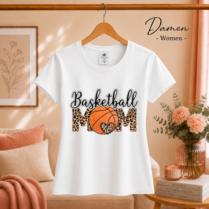 Damen Weiß – Basketball Mom T-Shirt | Design mit trendigem Leopardenmuster und Herz-Detail