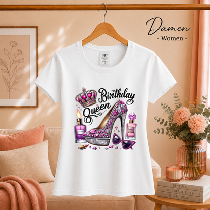 Damen Weiß – Birthday Queen T-Shirt mit glamourösem Glitzer-High-Heel und Krone