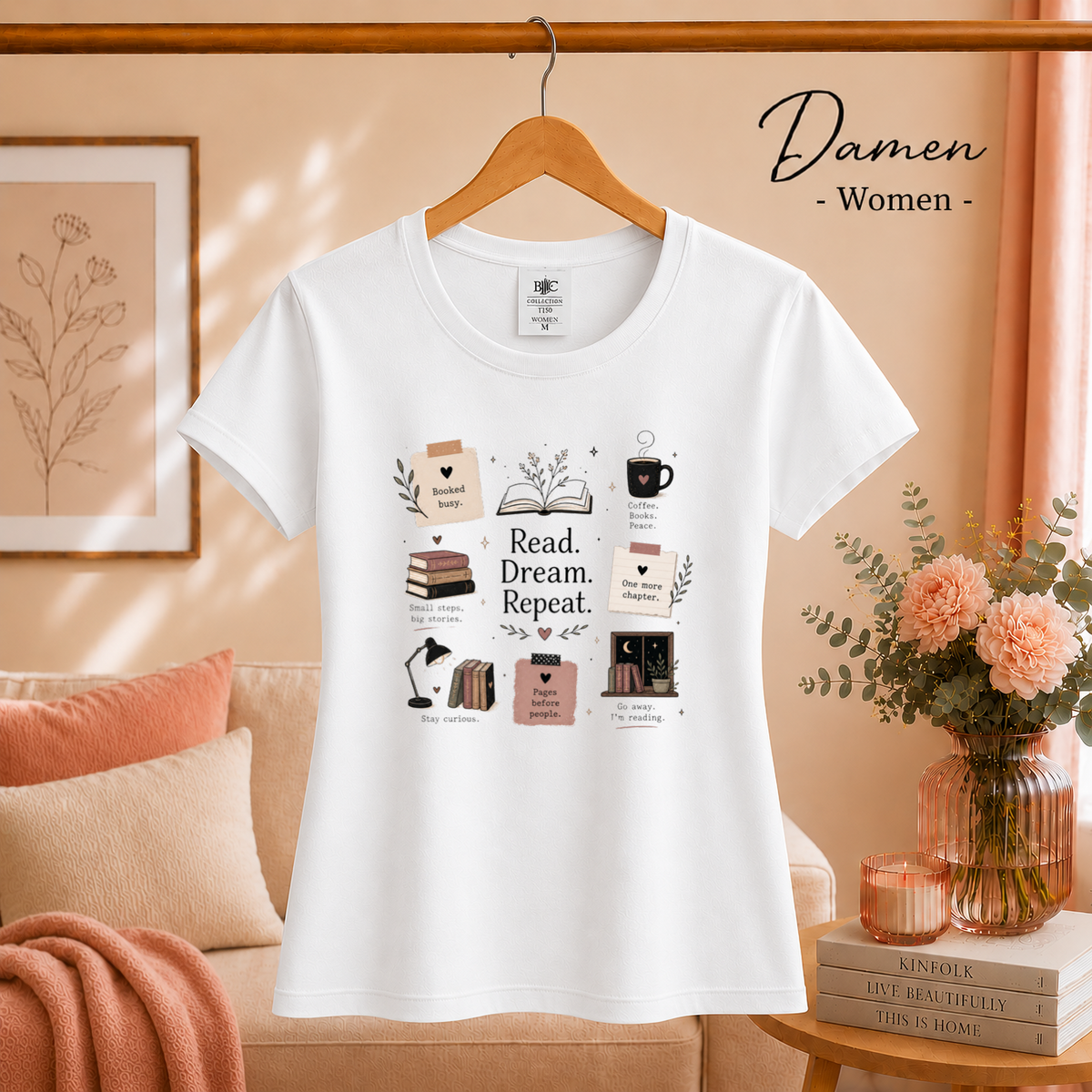 Damen Weiß – T-Shirt mit 'Read. Dream. Repeat.' Design – Das perfekte Outfit für gemütliche Lesestunden
