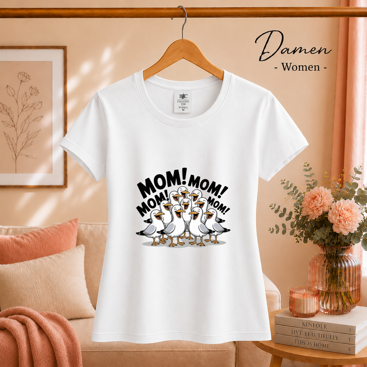 Damen Weiß – Lustiges T-Shirt mit schreienden Möwen und 'MOM! MOM!' Aufdruck