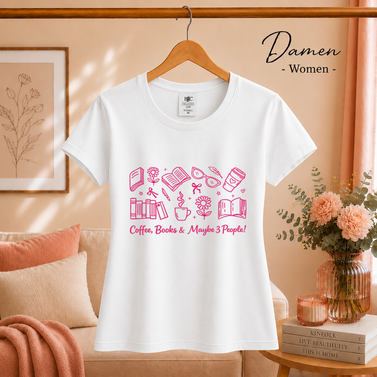 Damen Weiß – Lese-Liebe T-Shirt: 'Coffee, Books & Maybe 3 People!' Motiv in Pink