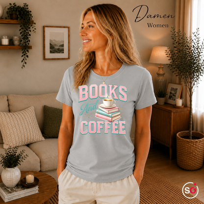 Damen Grau – Books And Coffee T-Shirt für Leseratten & Kaffeefans – Damen & Herren