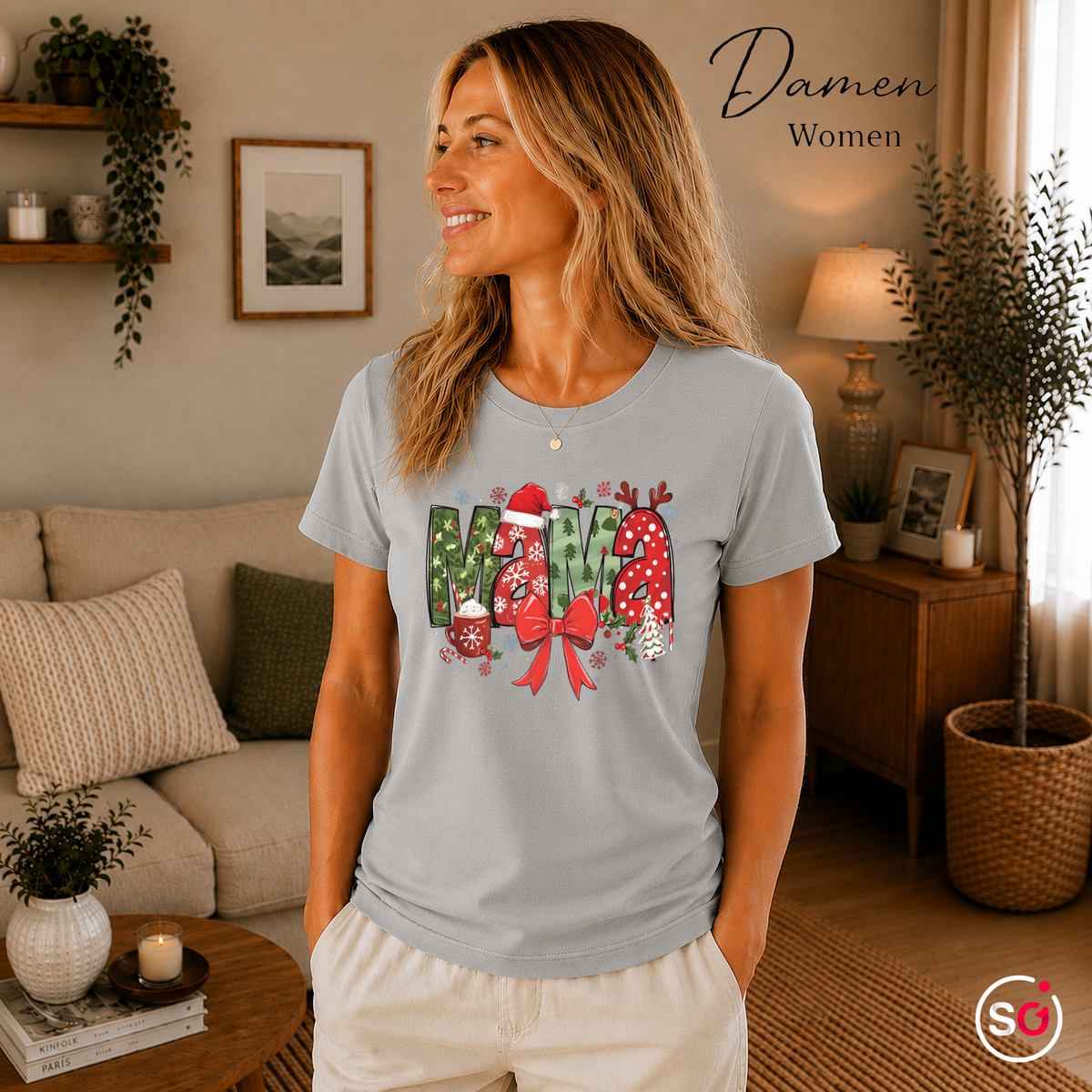 Damen Grau – MAMA Weihnachts-T-Shirt | Festlicher Schriftzug mit Mustermix, Weihnachtsmütze & Schneeflocken