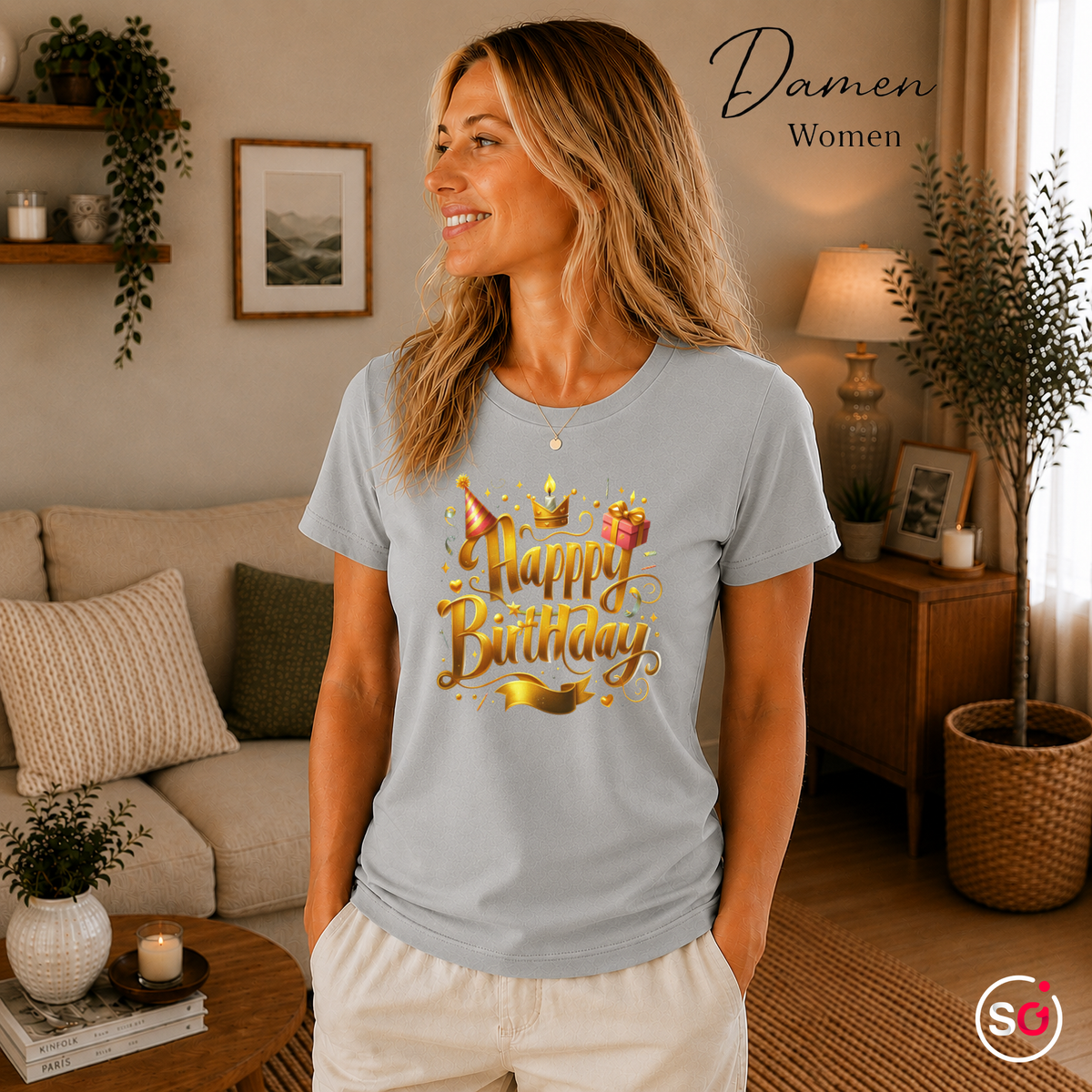 Damen Grau – T-Shirt mit festlichem 'Happy Birthday' Schriftzug in edlem Gold-Design
