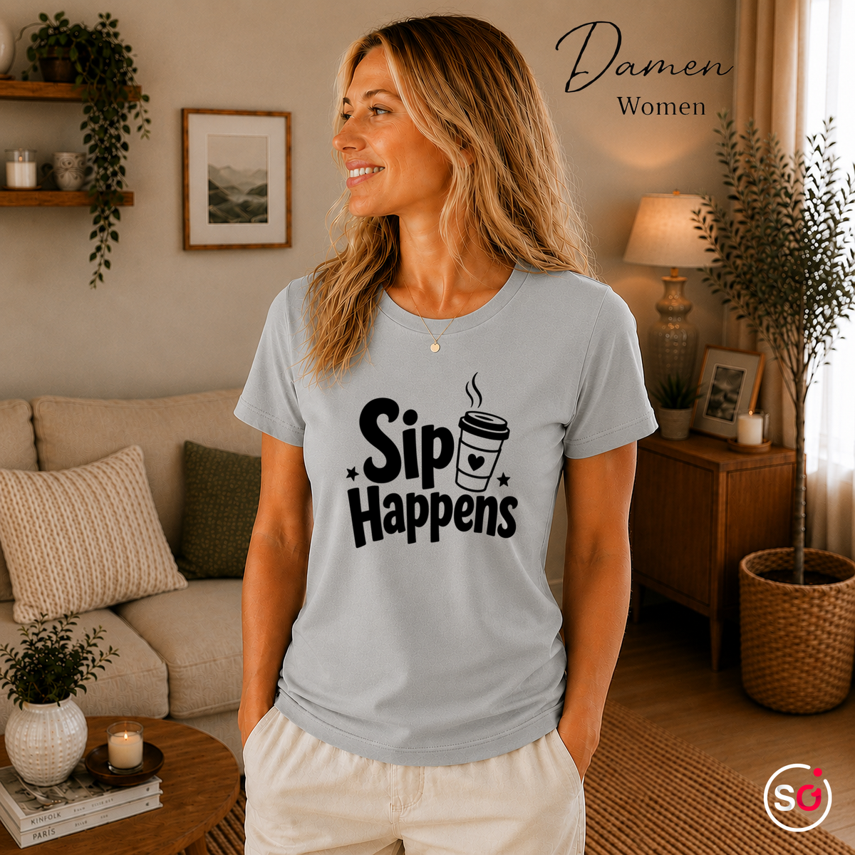 Damen Grau – T-Shirt "Sip Happens" – Design mit lustigem Kaffee-Wortspiel und To-Go-Becher-Grafik