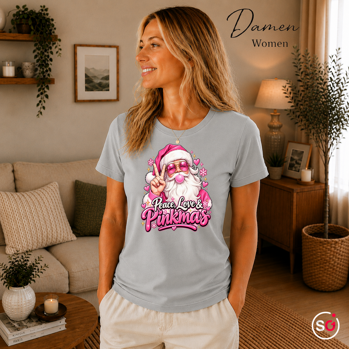 Damen Grau – Pinkmas T-Shirt: Cooler Weihnachtsmann mit Peace-Zeichen & rosa Sonnenbrille