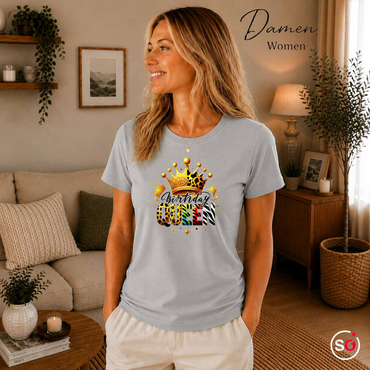 Damen Grau – T-Shirt mit 'Birthday Queen' Schriftzug, goldener Krone und buntem Animal-Print Design