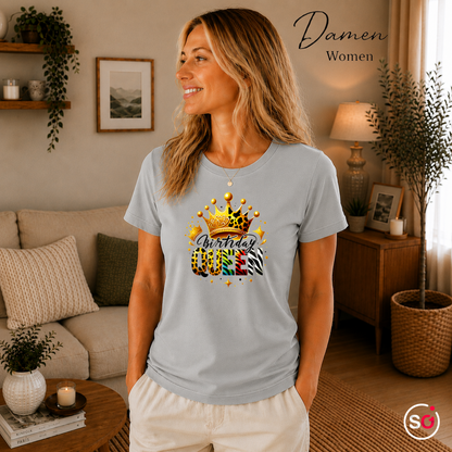 Damen Grau – T-Shirt mit 'Birthday Queen' Schriftzug, goldener Krone und buntem Animal-Print Design
