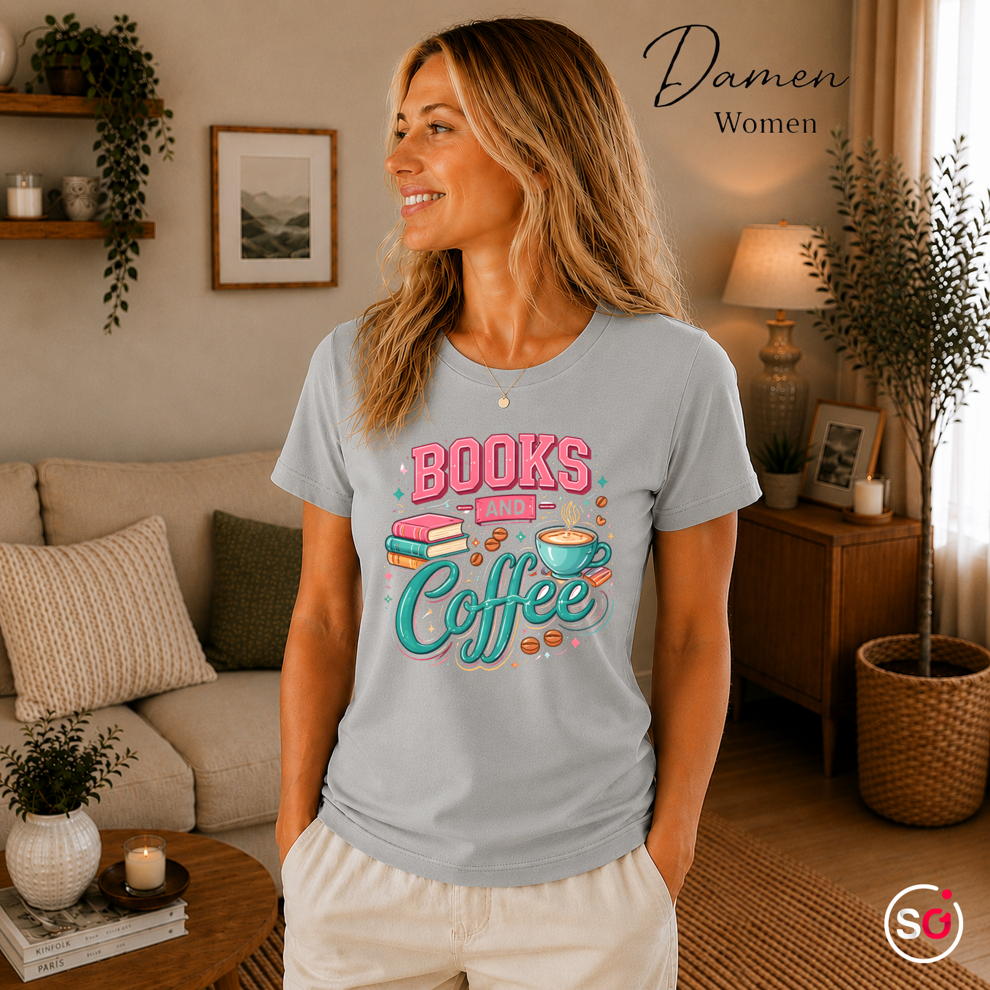 Damen Grau – Books and Coffee Design T-Shirt - Leseliebe & Kaffeegenuss