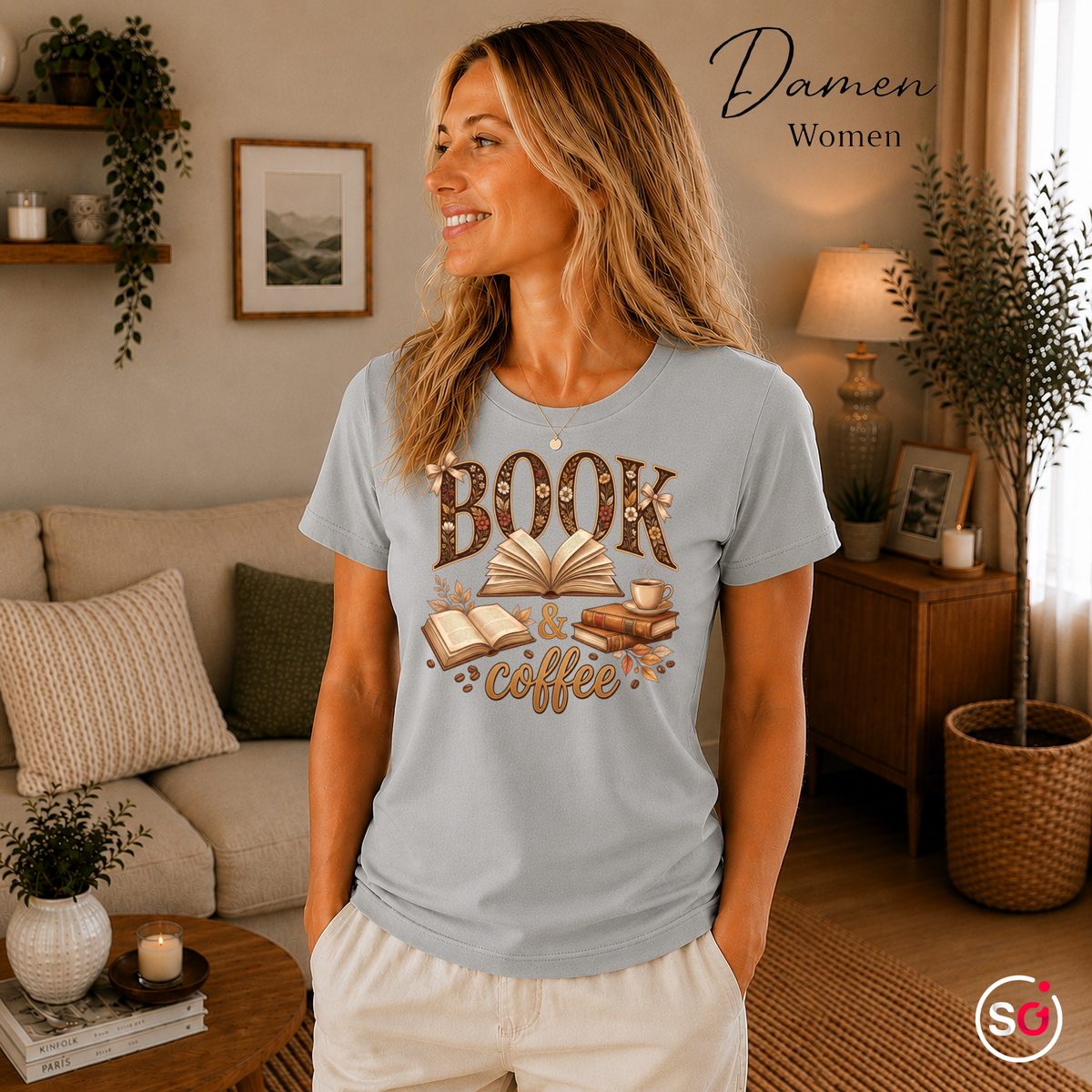 Damen Grau – Blumiges BOOK & coffee Motiv Shirt – Dein Statement für Bücherliebe & Kaffeemomente