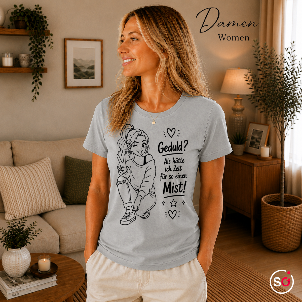 Damen Grau – T-Shirt mit Spruch 'Geduld? Als hätte ich Zeit für so einen Mist!' | Freches Comic-Design