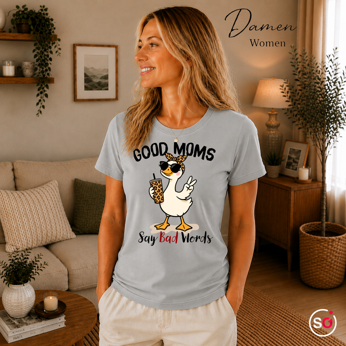 Damen Grau – T-Shirt mit frecher Ente & Spruch 'Good Moms Say Bad Words' | Lustiges Muttertagsgeschenk