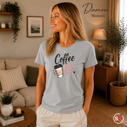 Damen Grau – T-Shirt "Coffee Fix" – Kaffeebecher mit Herz Motiv im Aquarell-Look & Brush-Style