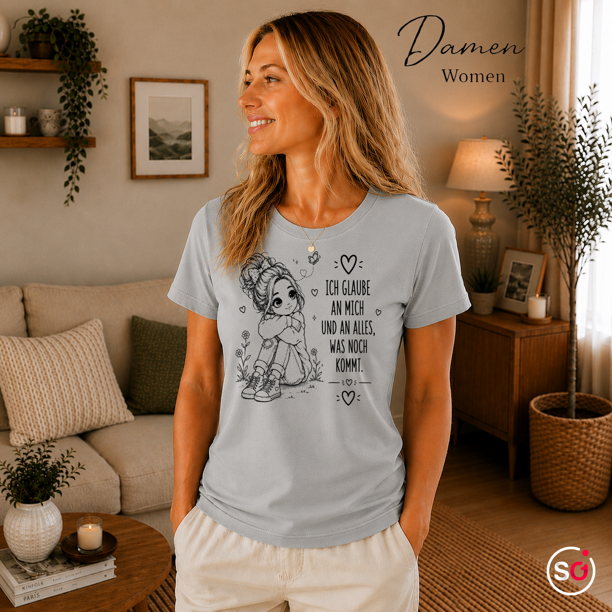 Damen Grau – Statement-Shirt "Ich glaube an mich" mit süßer Comic-Mädchen Illustration