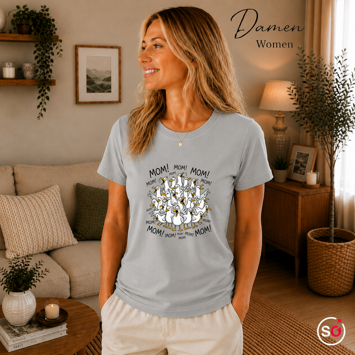 Damen Grau – T-Shirt mit schreienden Möwen 'Mom! Mom! Mom!' - Lustiges Comic-Design