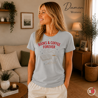 Damen Grau – T-Shirt mit "Books & Coffee Forever" Design | Illustration für Leseratten & Kaffeeliebhaber
