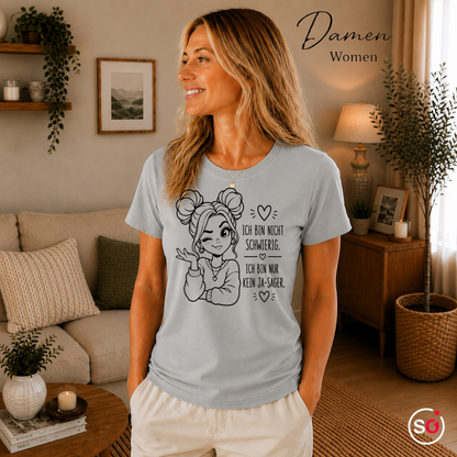 Damen Grau – T-Shirt "Ich bin nicht schwierig, nur kein Ja-Sager" | Statement-Design mit Comic-Illustration