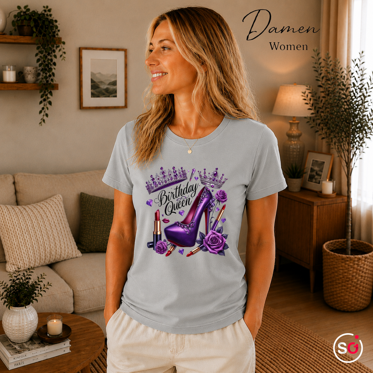 Damen Grau – Birthday Queen T-Shirt: Glamour-Design mit lila High Heel, Krone und Rosen