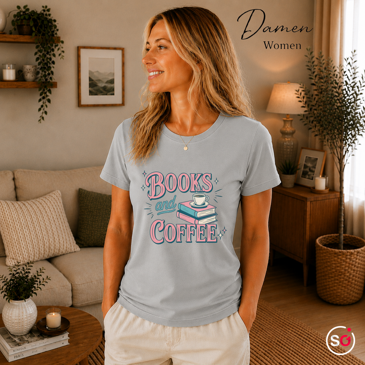 Damen Grau – Books and Coffee T-Shirt | Charmantes Design für Leseratten & Kaffeefans