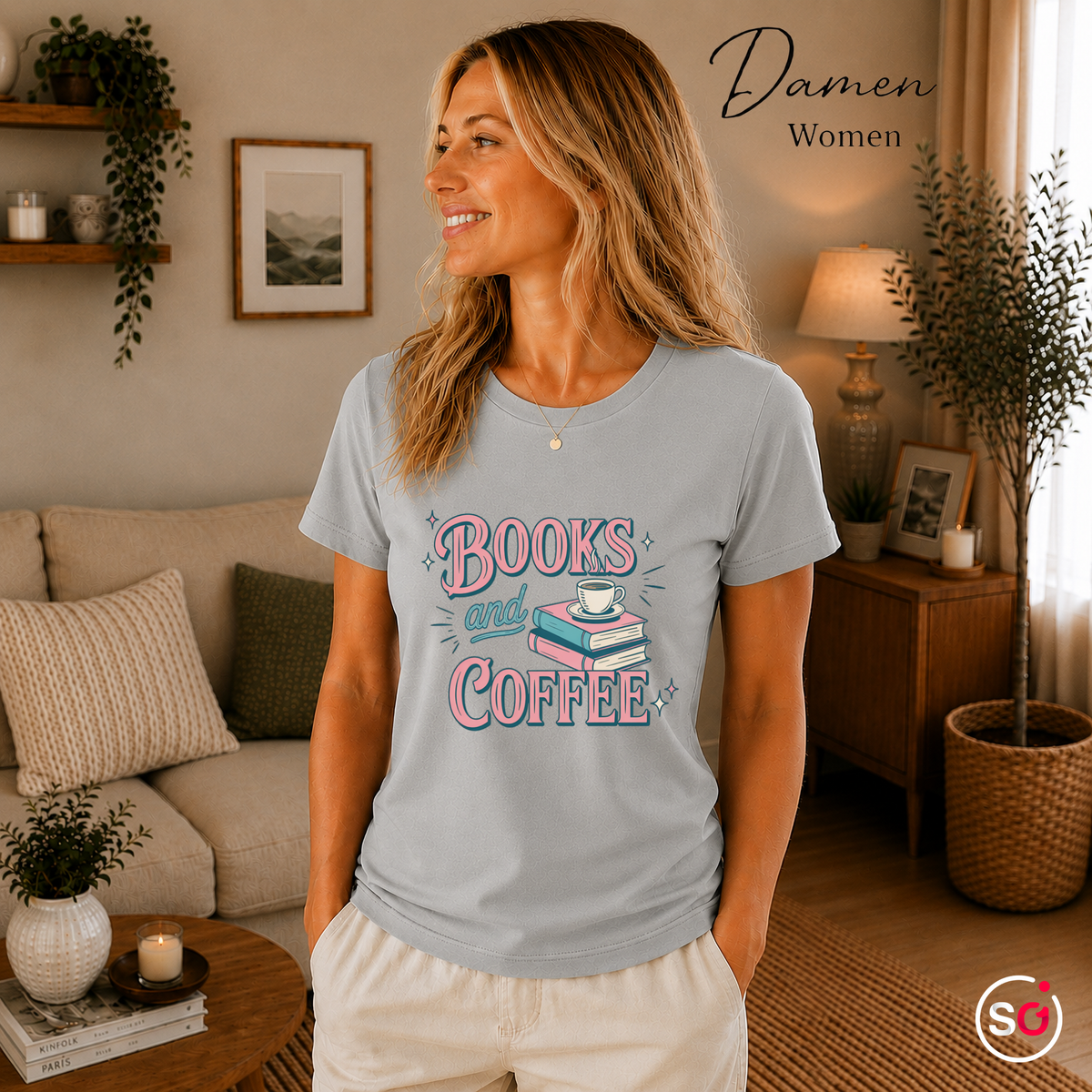 Damen Grau – Books and Coffee T-Shirt | Charmantes Design für Leseratten & Kaffeefans
