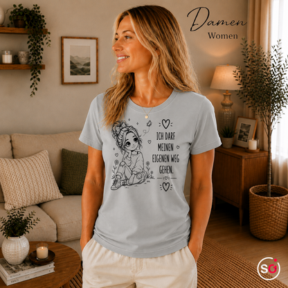 Damen Grau – T-Shirt mit Statement-Spruch 'Ich darf meinen eigenen Weg gehen' | Design mit Mädchen & Herzen