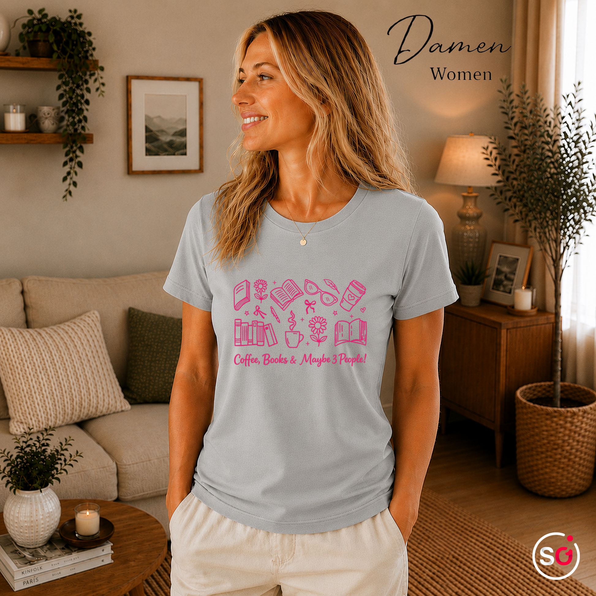 Damen Grau – Lese-Liebe T-Shirt: 'Coffee, Books & Maybe 3 People!' Motiv in Pink