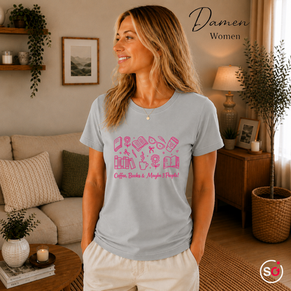 Damen Grau – Lese-Liebe T-Shirt: 'Coffee, Books & Maybe 3 People!' Motiv in Pink