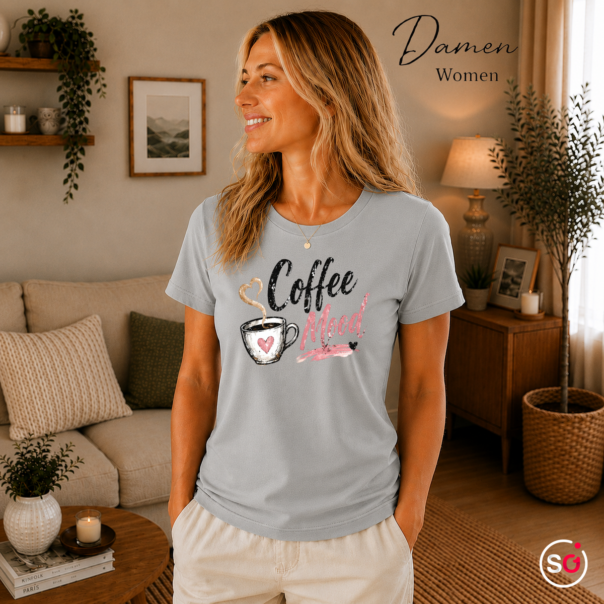 Damen Grau – T-Shirt mit "Coffee Mood" Schriftzug und Kaffeetasse im Aquarell-Stil