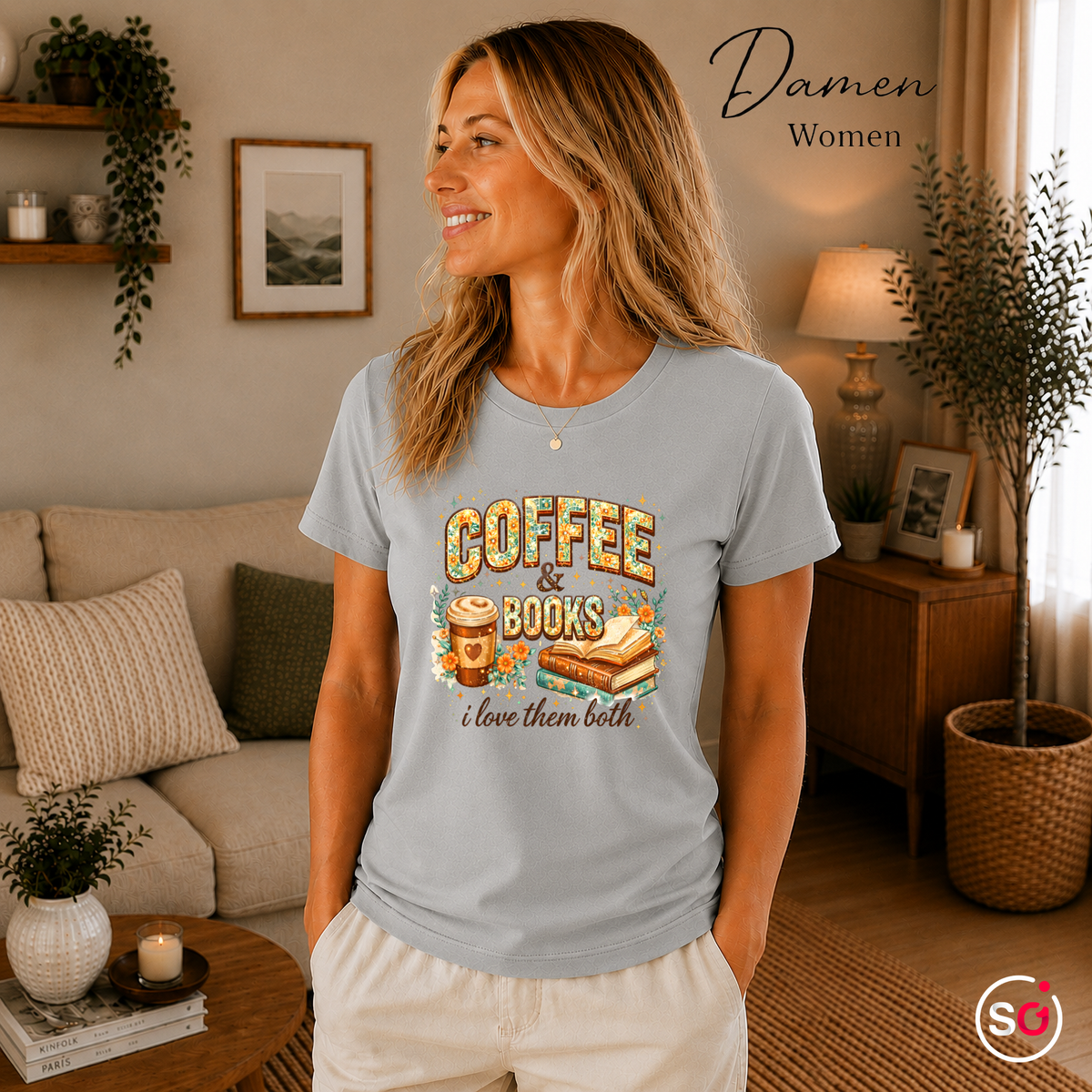 Damen Grau – Coffee & Books T-Shirt – Floraler Print für Leseratten & Kaffeeliebhaber