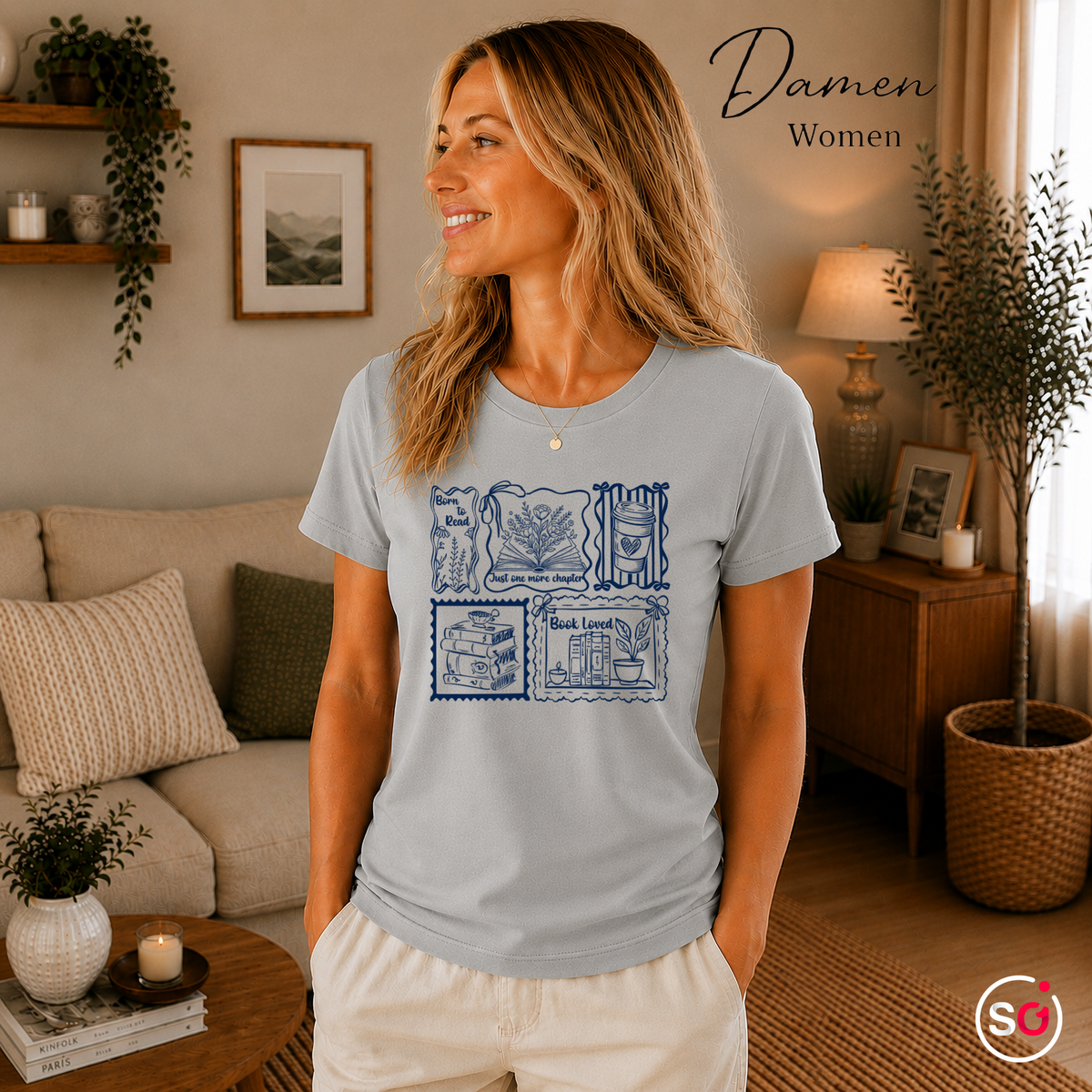 Damen Grau – Lesemotiv T-Shirt: Born to Read, Just One More Chapter & Buchliebe Stempeldesign