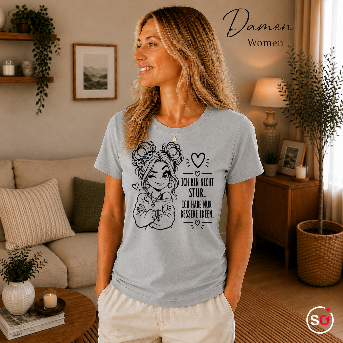 Damen Grau – Statement-Shirt "Bessere Ideen" mit zwinkerndem Comic-Mädchen und frechem Spruch