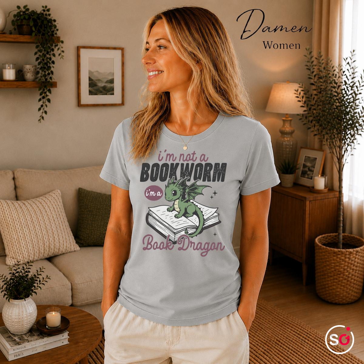 Damen Grau – Buch Drache T-Shirt – Niedlicher Drache auf Buch mit tollem Spruch