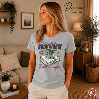 Damen Grau – Buch Drache T-Shirt – Niedlicher Drache auf Buch mit tollem Spruch
