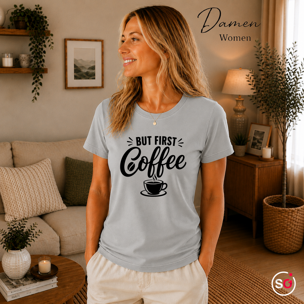 Damen Grau – „But first, Coffee“ T-Shirt | Design mit Spruch für Kaffee-Liebhaber und Morgenmuffel