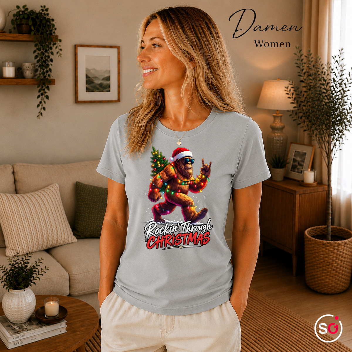 Damen Grau – Rockin' Bigfoot Weihnachts-T-Shirt mit Lichterkette und Tannenbaum