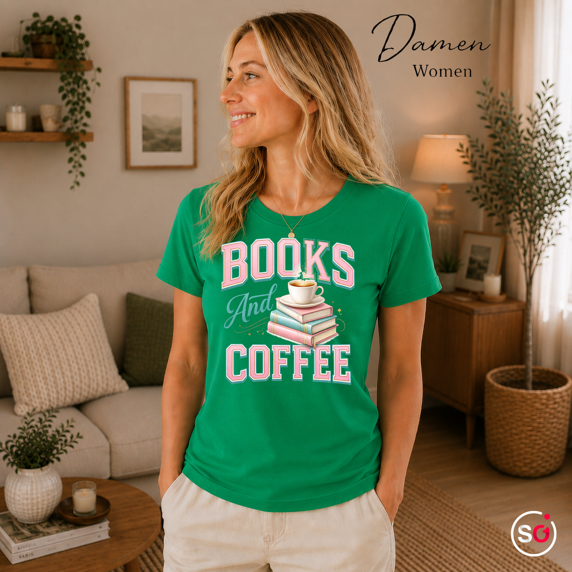 Damen KellyGrün – Books And Coffee T-Shirt für Leseratten & Kaffeefans – Damen & Herren