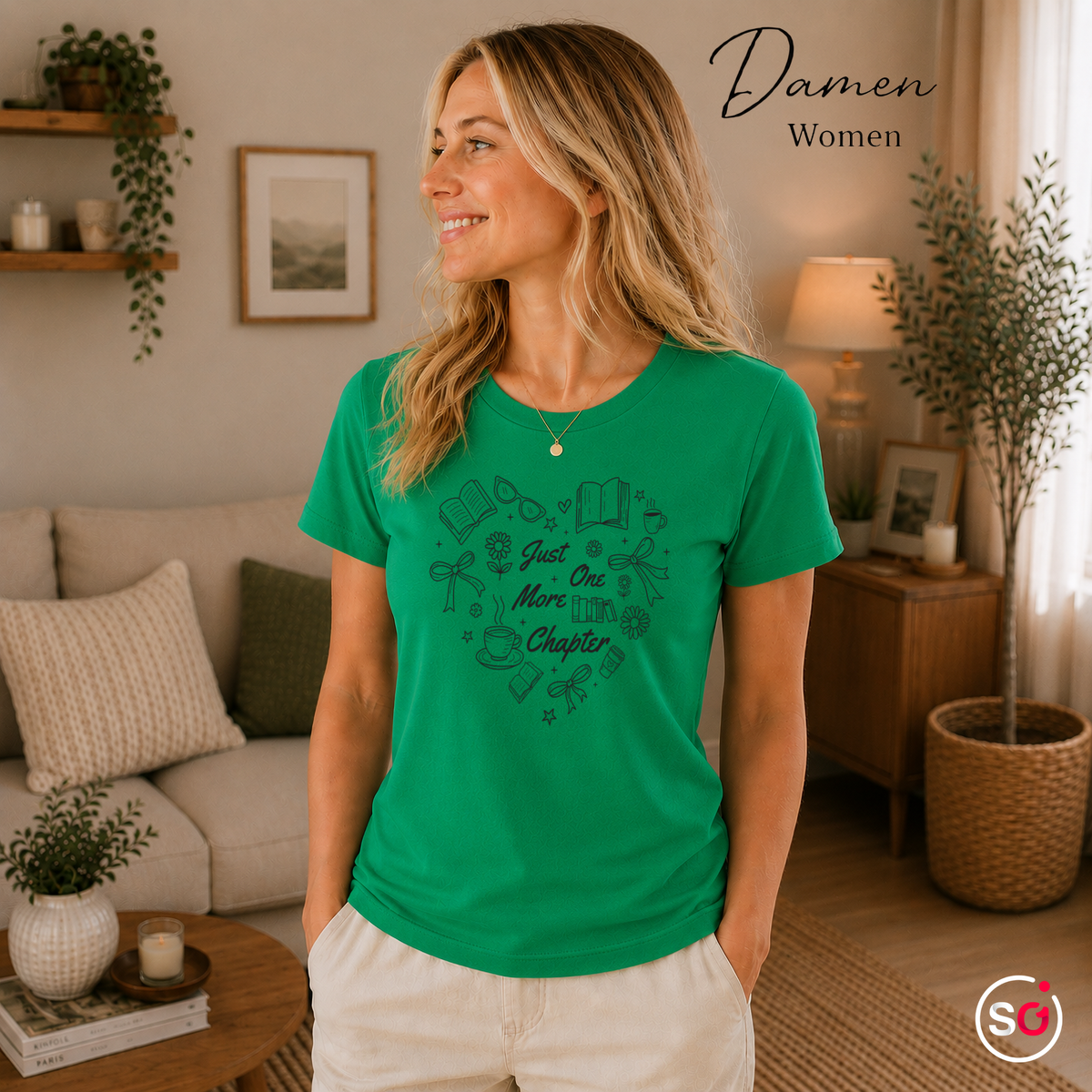 Damen KellyGrün – T-Shirt mit Herz-Motiv aus Büchern | Spruch 'Just One More Chapter'
