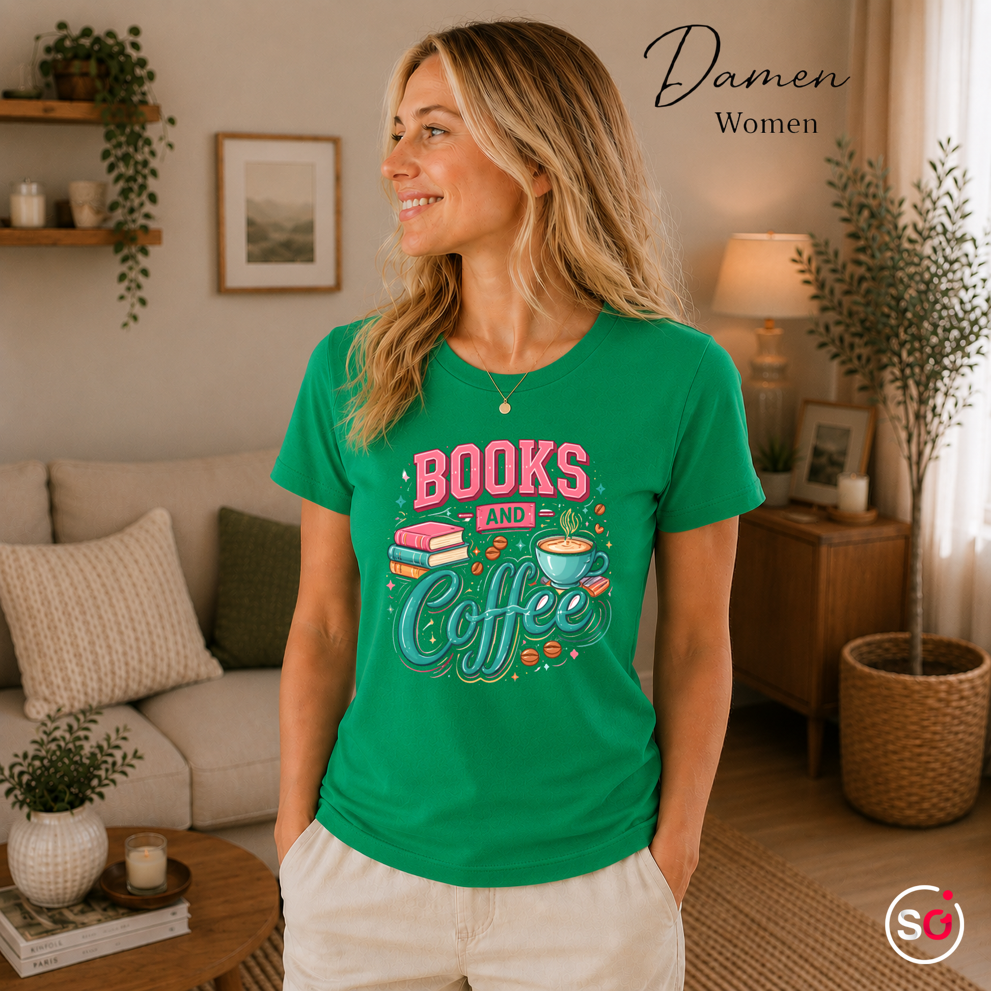 Damen KellyGrün – Books and Coffee Design T-Shirt - Leseliebe & Kaffeegenuss