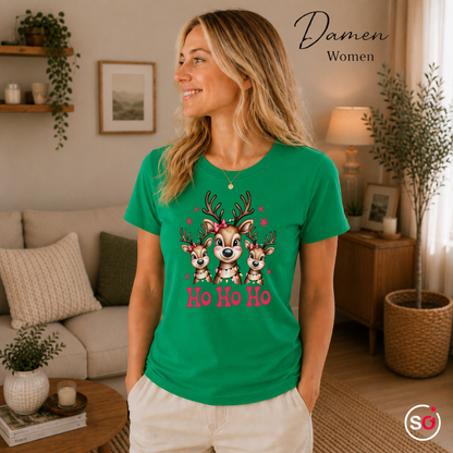 Damen KellyGrün – T-Shirt mit süßer Rentier Familie und „Ho Ho Ho“ Schriftzug für Weihnachten